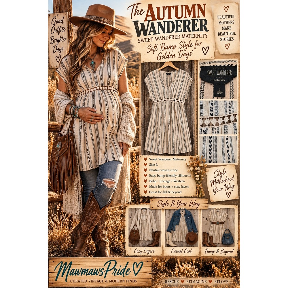 Sweet Wanderer Maternity Tunic Top Large Tan Black Stripe Boho Crochet Trim L